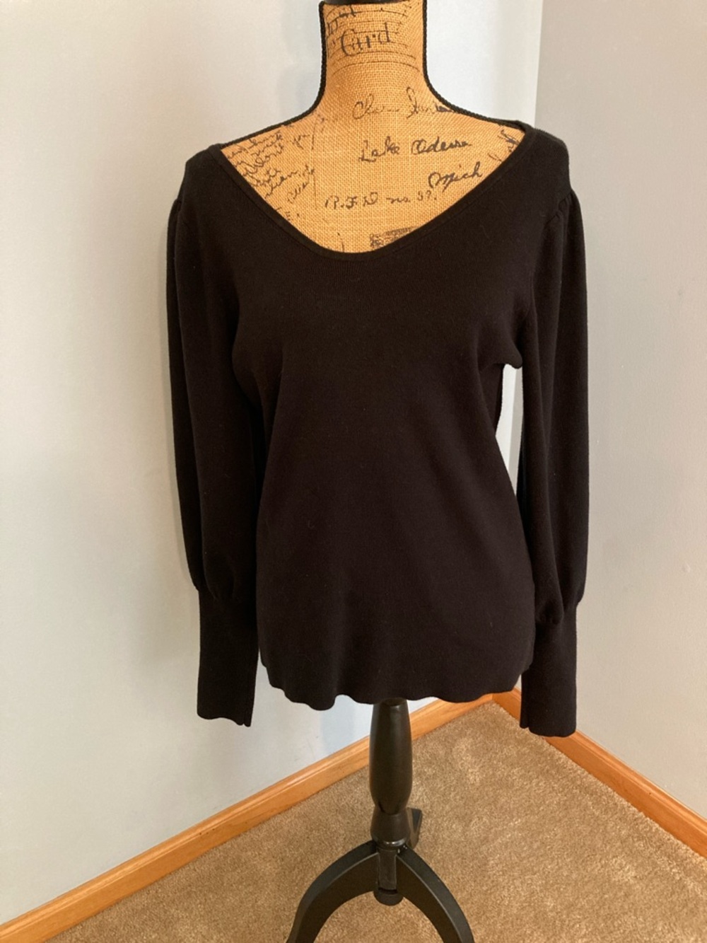Rachel Parcell Black V-Neck Puff Sleeve Sweater Women Size XL